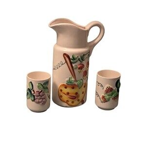 Vintage 3 Piece Fruit Pattern Juice Pitcher & Cups Set Made In Japan MCM